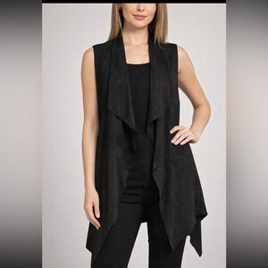 Joan Vass New York Faux Suede Waterfall Vest Black Medium Stretchy Open Front